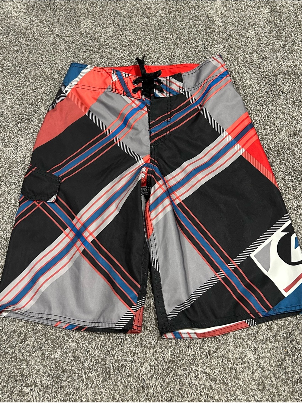 Quiksilver Boys Black Red Gray Plaid Swim Trunks 26
